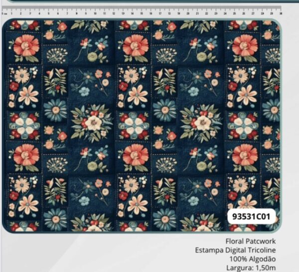 Tricoline 100% algodão Floral Patcwork