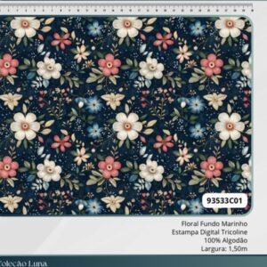 Tricoline 100% algodão Floral Fundo Marinho