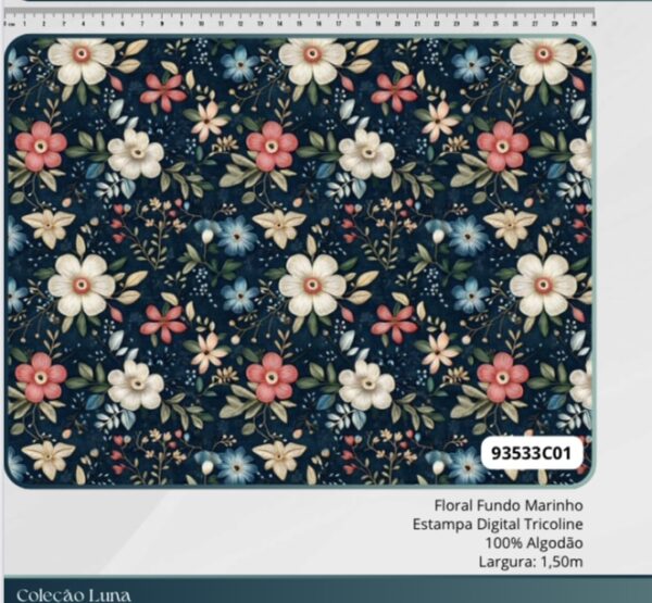 Tricoline 100% algodão Floral Fundo Marinho