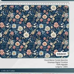 Tricoline 100% algodão Floral Menor Fundo Marinho