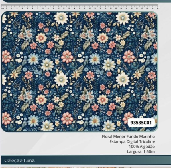 Tricoline 100% algodão Floral Menor Fundo Marinho