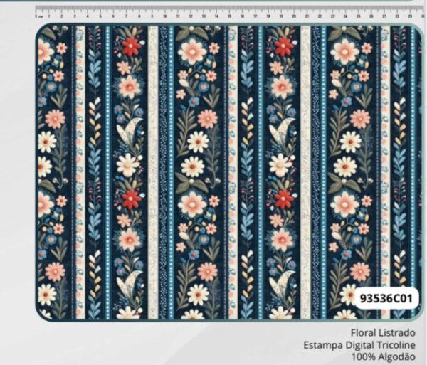 Tricoline 100% algodão Floral Listrado