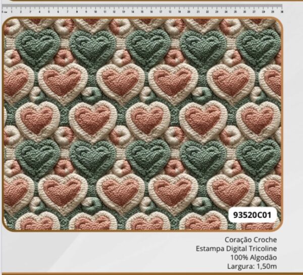 Tricoline 100% algodão Coração Croche