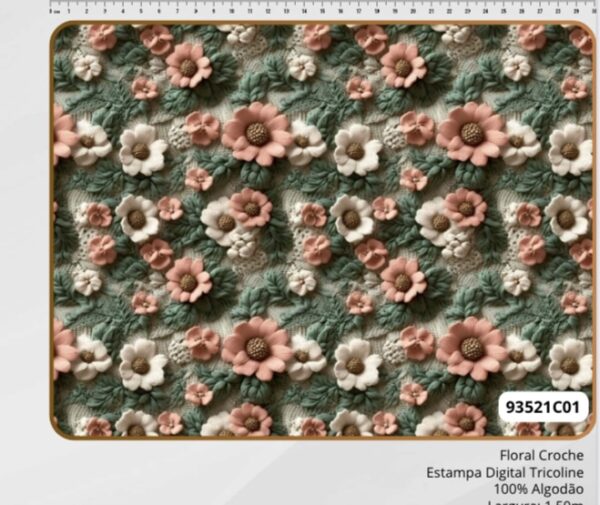 Tricoline 100% algodão Floral Croche