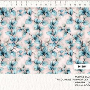 Tricoline 100% algodão Folhinhas Azul