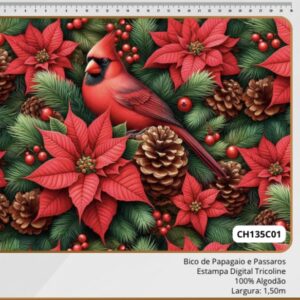 Tricoline 100% algodão Bico de Papagaio e Passarinhos