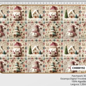 Tricoline 100% algodão Patchwork Boneco de Neve