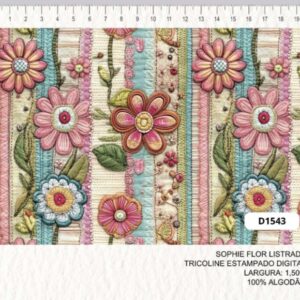 Tricoline 100% algodão Flores Listra