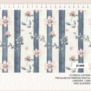 Tricoline 100% algodão Flores e Listra