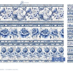 Tricoline 100% algodão Faixa Flores Azul