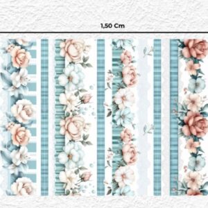 Tricoline 100% algodão Faixa Flor Azul