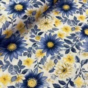 Tricoline 100% algodão Floral Azul e Amarelo