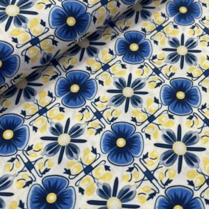 Tricoline 100% algodão Floral Azul Azulejo