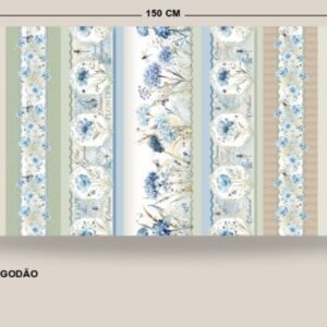 Tricoline 100% algodão Faixa Flor Azul