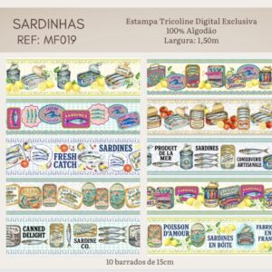 Tricoline 100% algodão Faixa Sardinhas