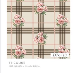 Tricoline 100% algodão Peônias xadrez bege