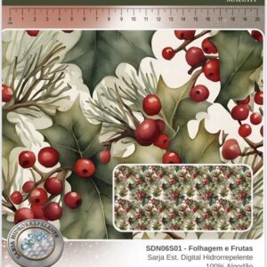 Sarja 100% algodão Sarja Folhagem e Frutas Natal