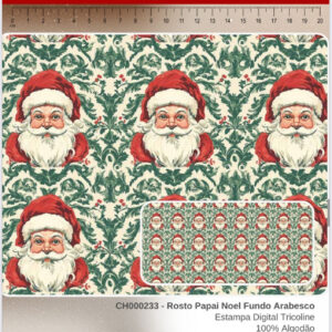 Tricoline 100% algodão Papai Noel Fundo Arabesco