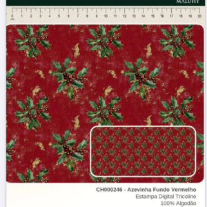 Tricoline 100% algodão Azevinha Fundo Vermelho