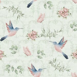 Tricoline 100% algodão Floral Beija-Flor Verde
